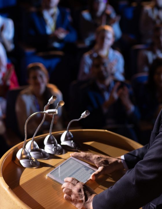 Side view of Caucasian businessman standing and giving presentation in the auditorium